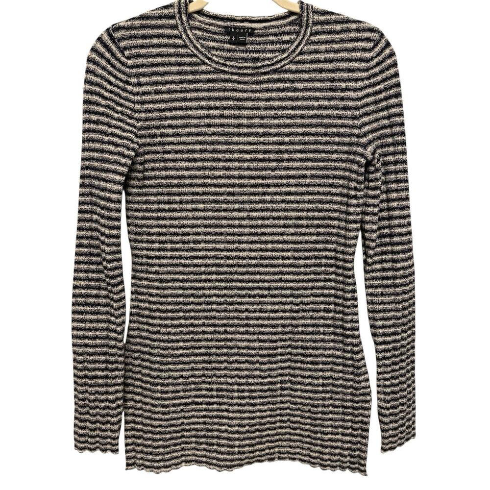 Theory Sweater Womens Small Navy White Wool Striped Quiet Luxury Slow Fashion